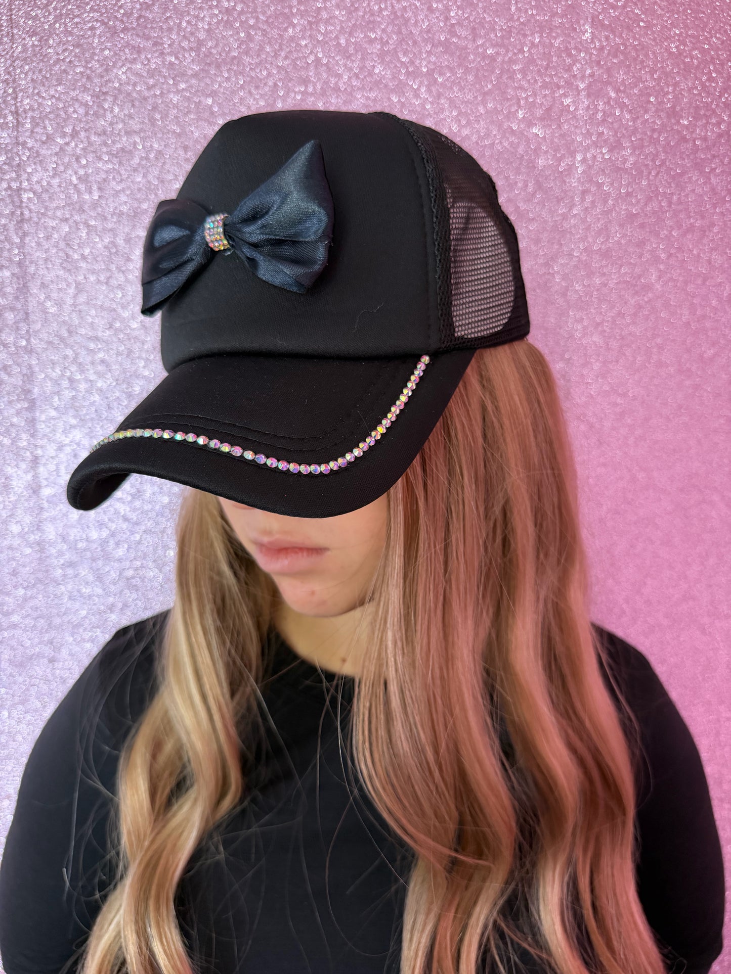Black Bow Trucker Hat w/ Rhinestones