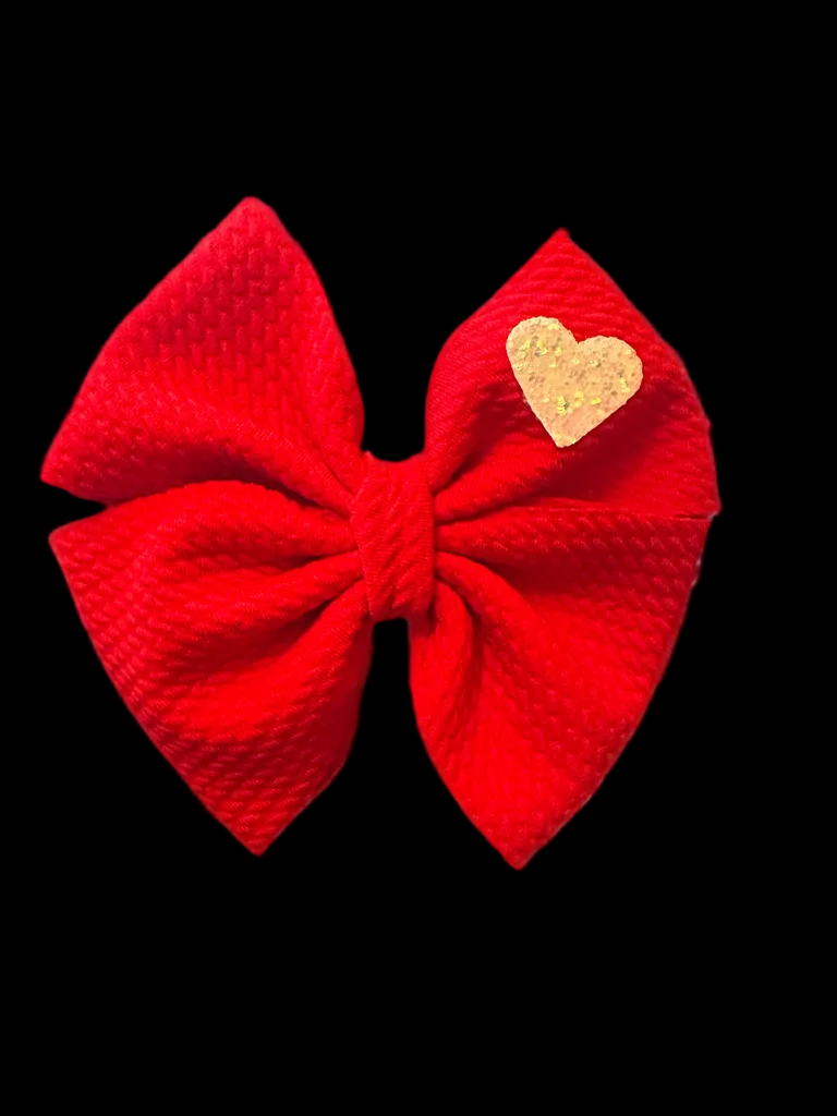 Red Bullet Fabric Hair Bow w/ Iridescent White Heart