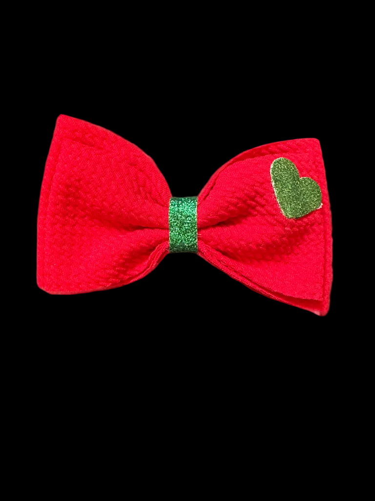 Red Bullet Fabric Bow with/ Green Heart
