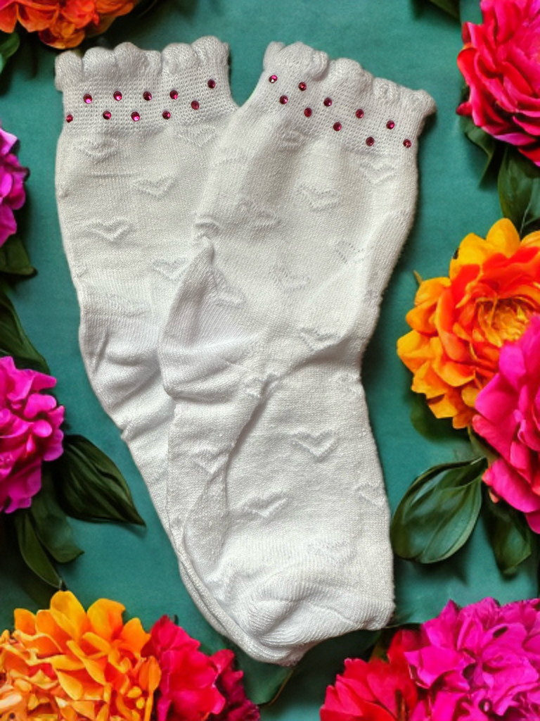 Ruffle Heart Socks with Pink Rhinestones